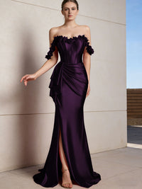 Sheath/Column Off Shoulder Ruffle Silk Like Satin Formal Dresses with Front Split & Flowers