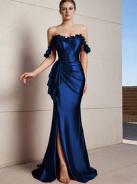 Sheath/Column Off Shoulder Ruffle Silk Like Satin Formal Dresses with Front Split & Flowers
