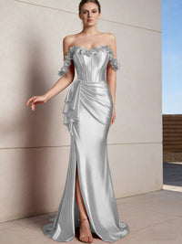 Sheath/Column Off Shoulder Ruffle Silk Like Satin Formal Dresses with Front Split & Flowers