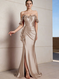 Sheath/Column Off Shoulder Ruffle Silk Like Satin Formal Dresses with Front Split & Flowers