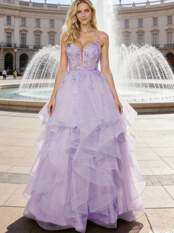 Ball Gown Dreamy Princess Ruffled Tiered Tulle Prom Dresses with Lace Appliques