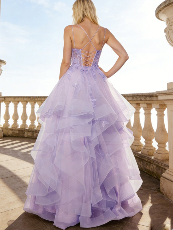Ball Gown Dreamy Princess Ruffled Tiered Tulle Prom Dresses with Lace Appliques