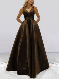 A-Line V-Neck Sleeveless Satin Floor Length Prom Dresses with Pockets