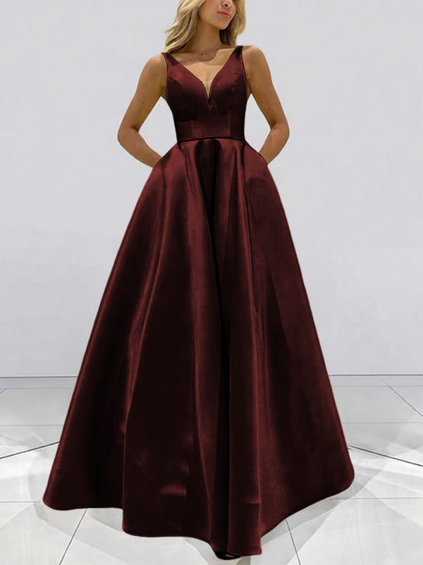 A-Line V-Neck Sleeveless Satin Floor Length Prom Dresses with Pockets