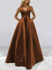 A-Line V-Neck Sleeveless Satin Floor Length Prom Dresses with Pockets