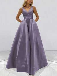 A-Line V-Neck Sleeveless Satin Floor Length Prom Dresses with Pockets