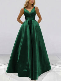 A-Line V-Neck Sleeveless Satin Floor Length Prom Dresses with Pockets