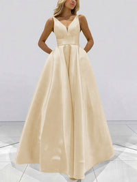 A-Line V-Neck Sleeveless Satin Floor Length Prom Dresses with Pockets