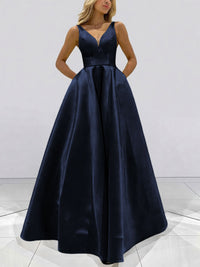 A-Line V-Neck Sleeveless Satin Floor Length Prom Dresses with Pockets