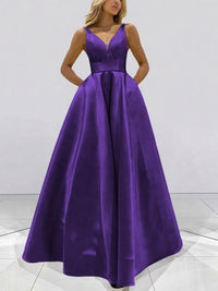 A-Line V-Neck Sleeveless Satin Floor Length Prom Dresses with Pockets
