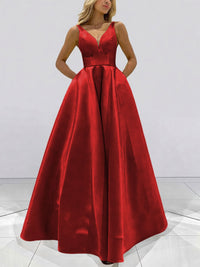 A-Line V-Neck Sleeveless Satin Floor Length Prom Dresses with Pockets