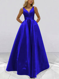 A-Line V-Neck Sleeveless Satin Floor Length Prom Dresses with Pockets