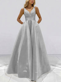 A-Line V-Neck Sleeveless Satin Floor Length Prom Dresses with Pockets
