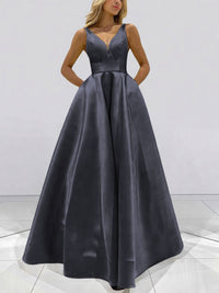 A-Line V-Neck Sleeveless Satin Floor Length Prom Dresses with Pockets