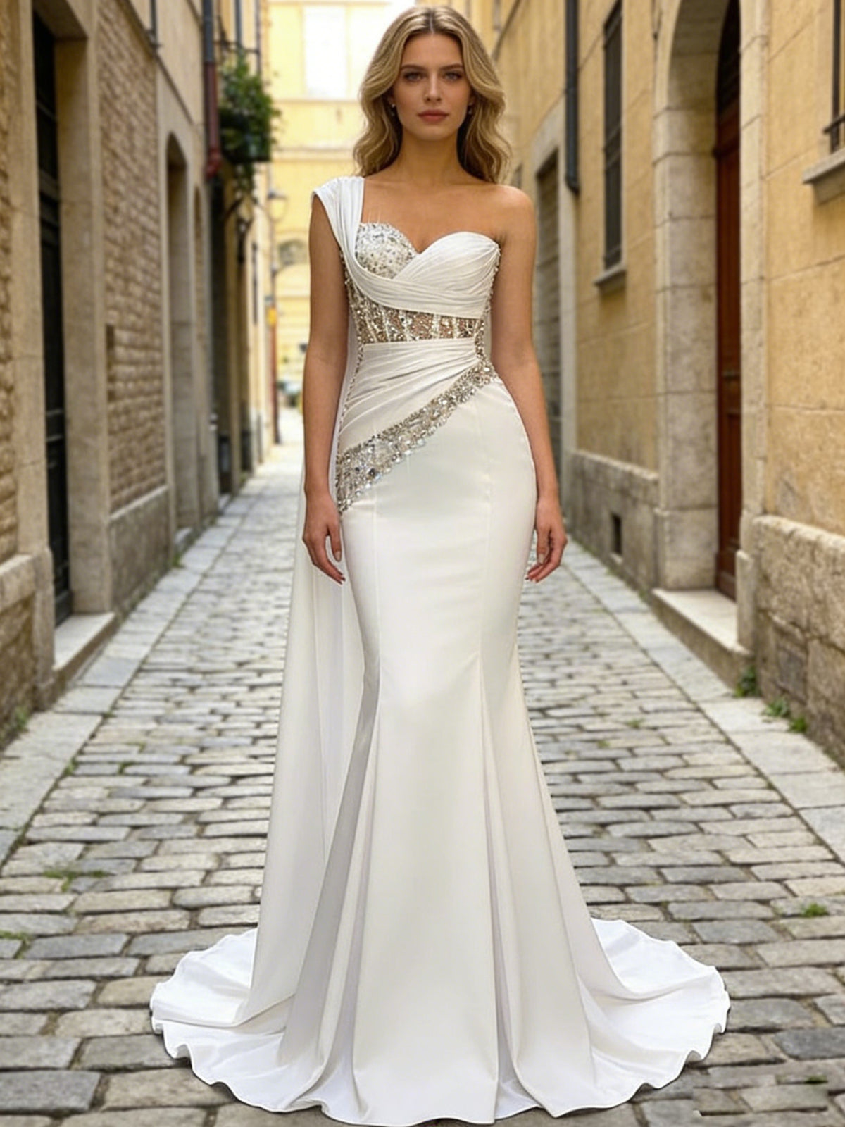 Trumpet/Mermaid One Shoulder Cape Satin Prom Dress with Sequins