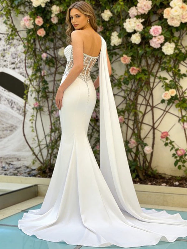 Trumpet/Mermaid One Shoulder Cape Satin Prom Dress with Sequins