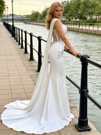 Trumpet/Mermaid One Shoulder Cape Satin Prom Dress with Sequins