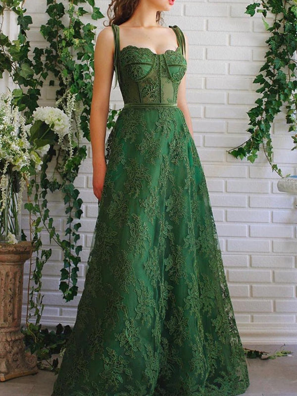 A-Line/Princess Sweetheart Sleeveless Floor Length Prom Dress with Lace Appliques
