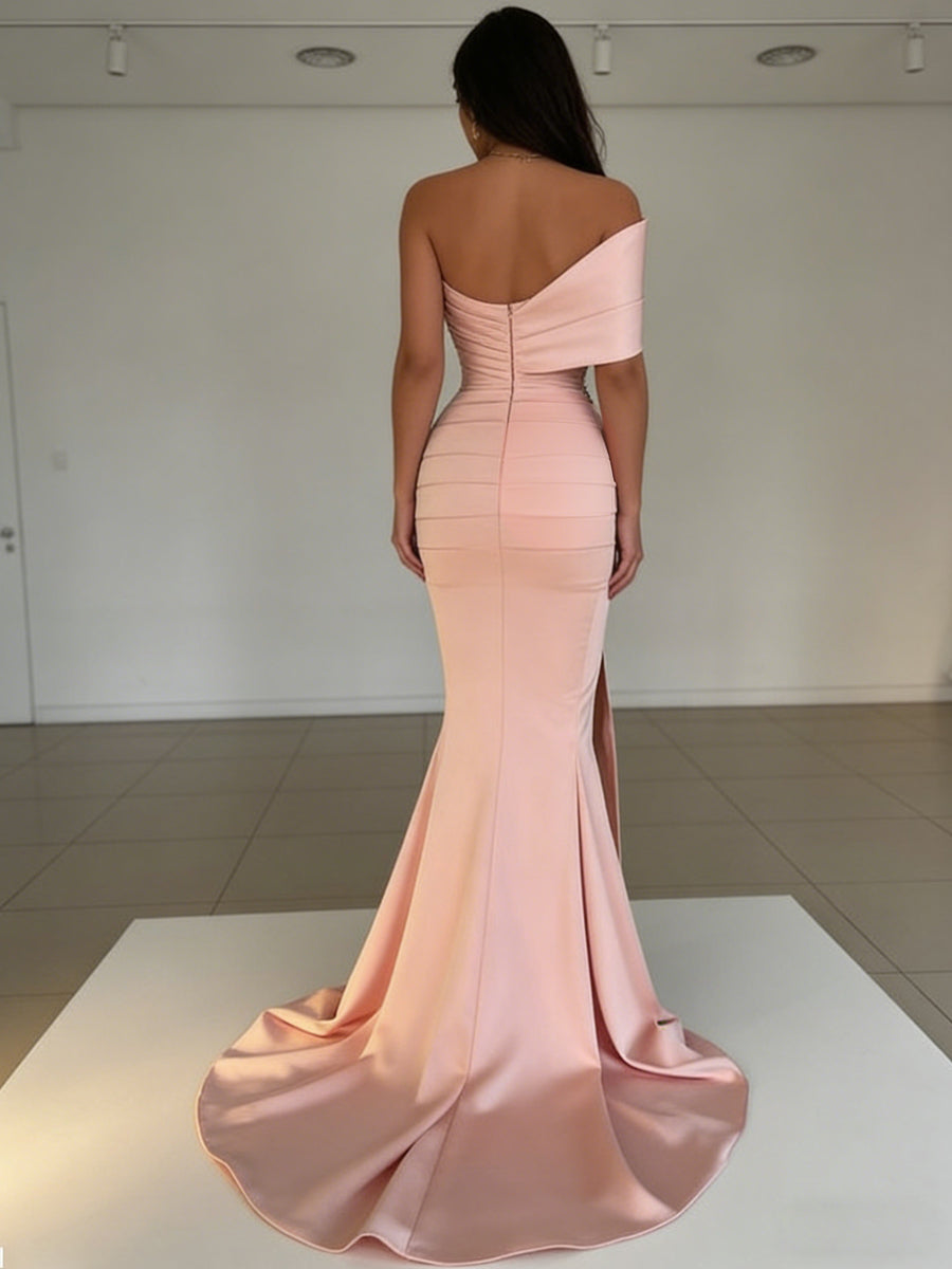 Sheath/Column Asymmetrical Sleeveless Beading Satin Prom Dresses with Front Split