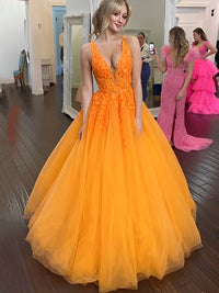 Ball Gown V-Neck Illusion Tulle Floor Length Prom Dress with Lace Appliques