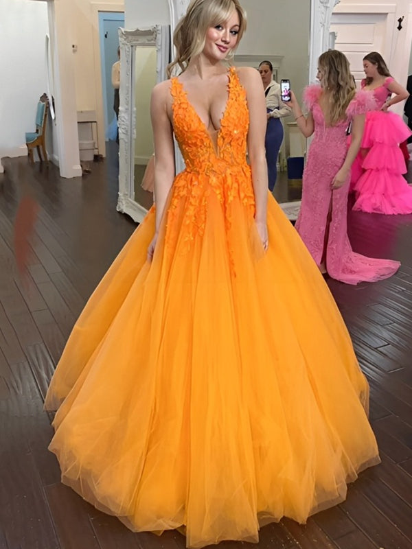 Ball Gown V-Neck Illusion Tulle Floor Length Prom Dress with Lace Appliques