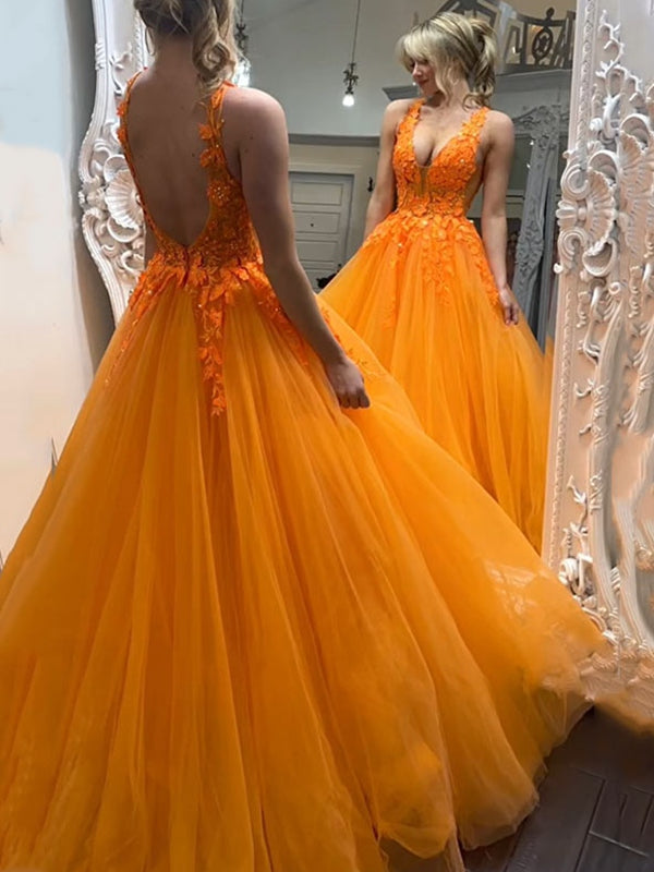 Ball Gown V-Neck Illusion Tulle Floor Length Prom Dress with Lace Appliques