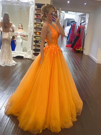 Ball Gown V-Neck Illusion Tulle Floor Length Prom Dress with Lace Appliques