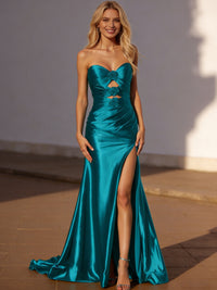 Sheath/Column Sweetheart Cut Out Satin Floor-Length Prom Dresses with High Split & Flowers