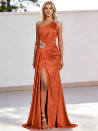 Sheath/Column One Shoulder Satin Long Evening Dress with Crystal & High Split