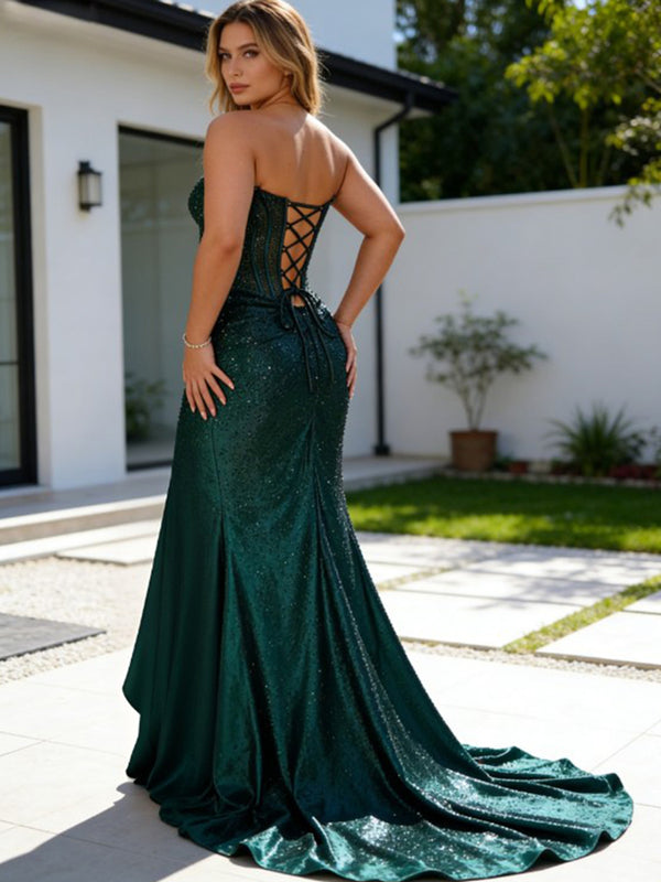 Sheath/Column Strapless Sweetheart Sequin Satin Prom Dress with High Split