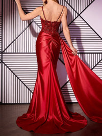 Sheath/Column Spaghetti Straps Satin Prom Dress with Lace Beaded Bodice & High Split