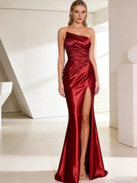 Sheath/Column Strapless Ruched Satin Prom Dress with High Split