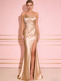 Sheath/Column Strapless Ruched Satin Prom Dress with High Split