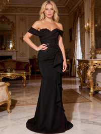 Trumpet/Mermaid Off Shoulder Ruffled Satin Prom Dress with Beaded Bodice & High Split