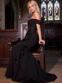 Trumpet/Mermaid Off Shoulder Ruffled Satin Prom Dress with Beaded Bodice & High Split