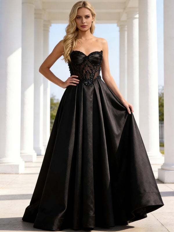 A-Line/Princess Strapless Sweetheart Satin Prom Dress with Illusion Beaded Bodice