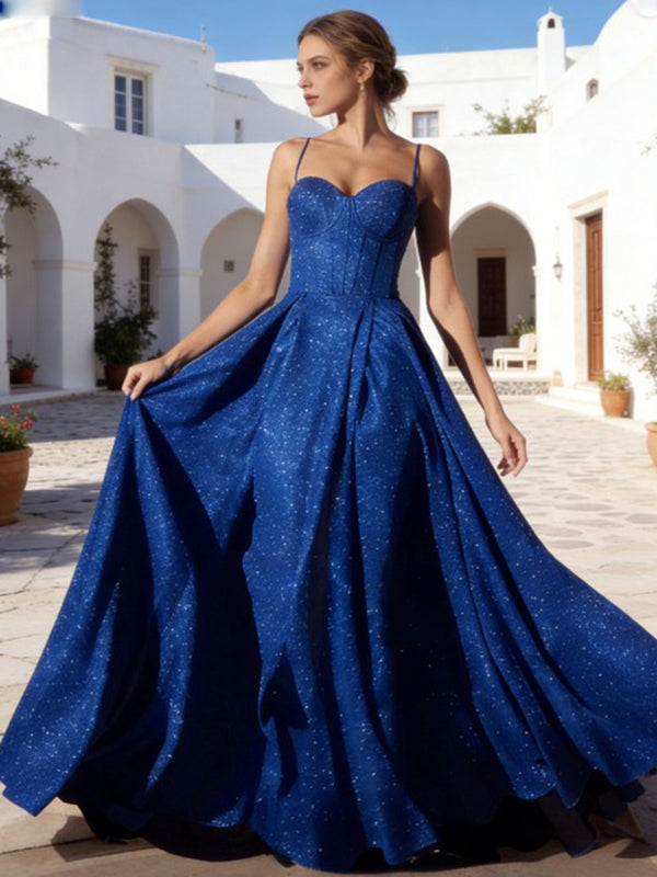 A-Line Sweetheart Neckline Spaghetti Straps Pleated Long Prom Dresses