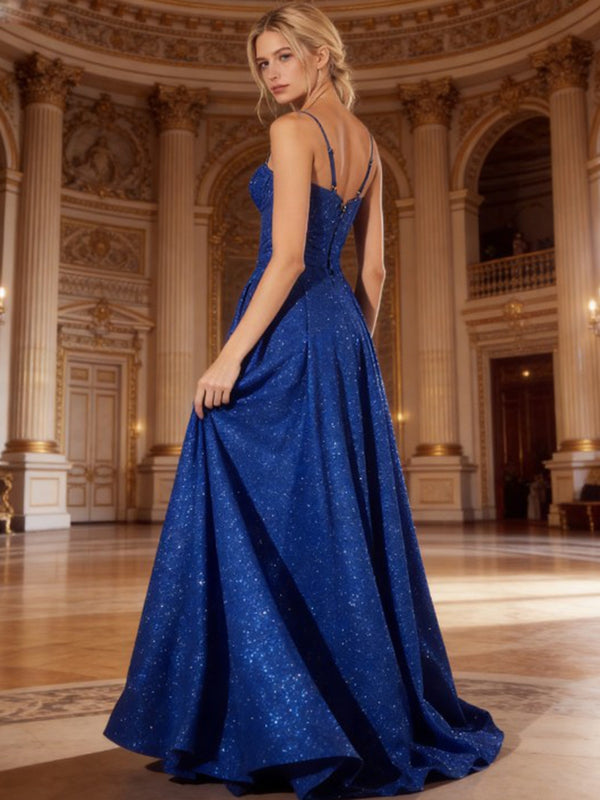 A-Line Sweetheart Neckline Spaghetti Straps Pleated Long Prom Dresses