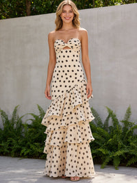 A-Line Strapless Sweetheart Bow Cutout Polka Dot Prom Dress with Tiered Ruffles