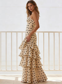 A-Line Strapless Sweetheart Bow Cutout Polka Dot Prom Dress with Tiered Ruffles