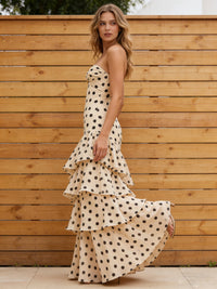 A-Line Strapless Sweetheart Bow Cutout Polka Dot Prom Dress with Tiered Ruffles
