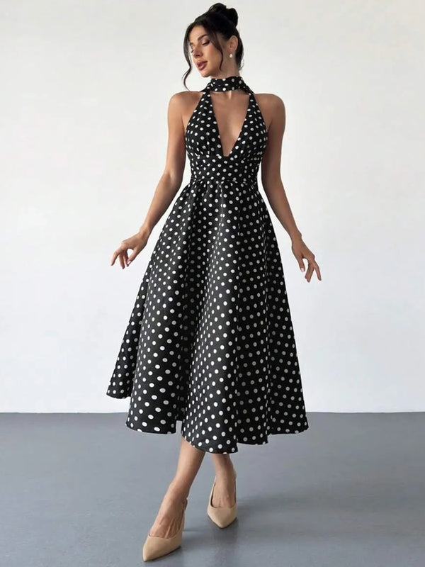 Polka Dot Corset Bodice A-line Halter Tea-Length Prom Dresses – Shirees