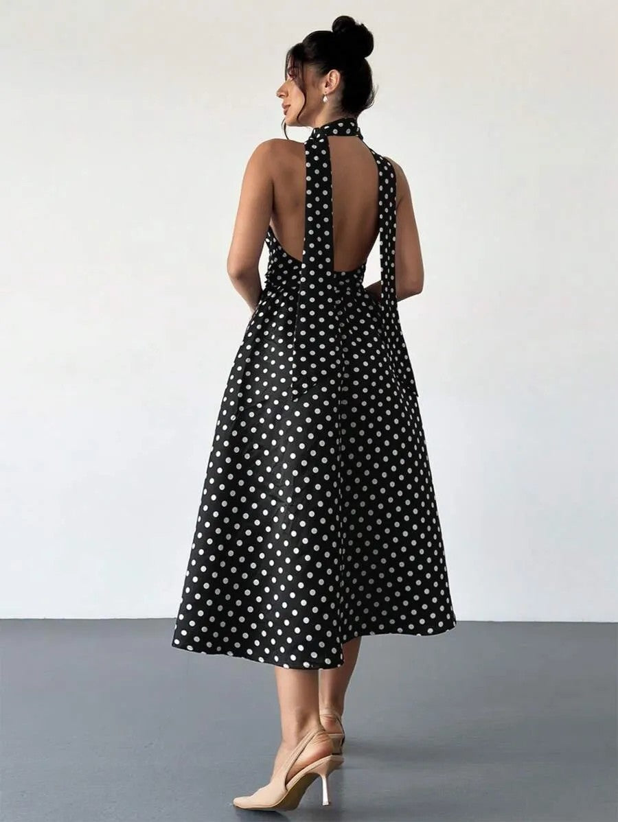 Polka Dot Corset Bodice A-line Halter Tea-Length Prom Dresses