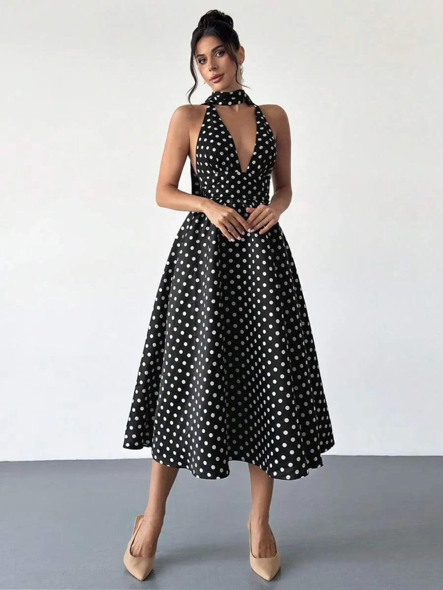 Polka Dot Corset Bodice A-line Halter Tea-Length Prom Dresses