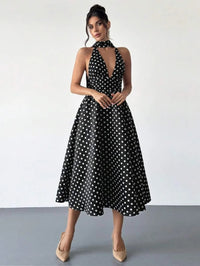 Polka Dot Corset Bodice A-line Halter Tea-Length Prom Dresses