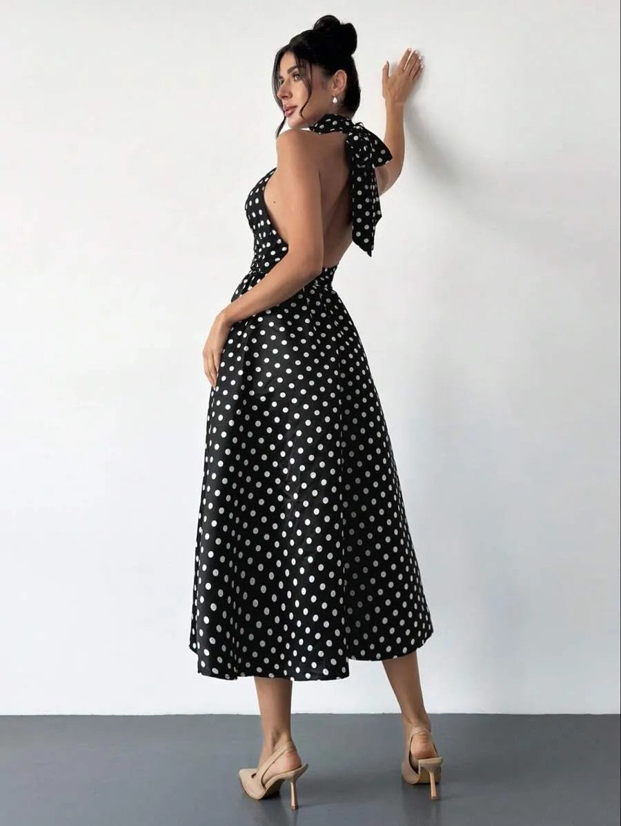 Polka Dot Corset Bodice A-line Halter Tea-Length Prom Dresses