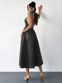 Polka Dot Corset Bodice A-line Halter Tea-Length Prom Dresses