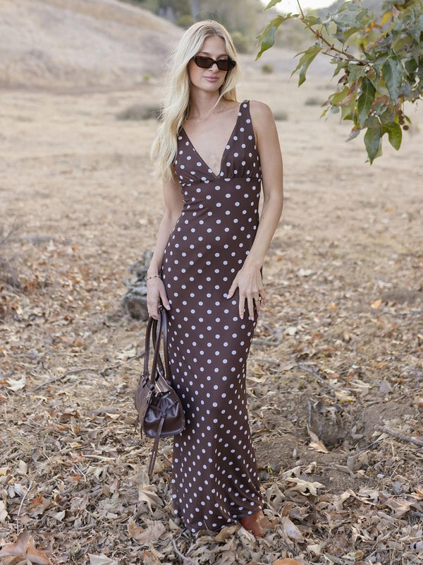 Polka Dot Empire Waist Sheath V-Neck Floor-Length Prom Dresses Women Formal Gowns
