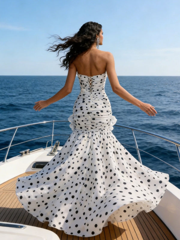 Mermaid Strapless Polka Dot Long Prom Dress with Flowers Drop Waist Ball Gown