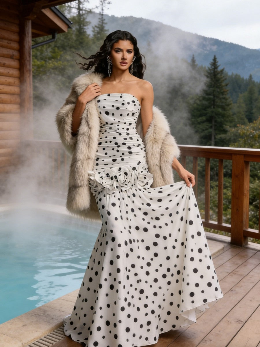 Mermaid Strapless Polka Dot Long Prom Dress with Flowers Drop Waist Ball Gown
